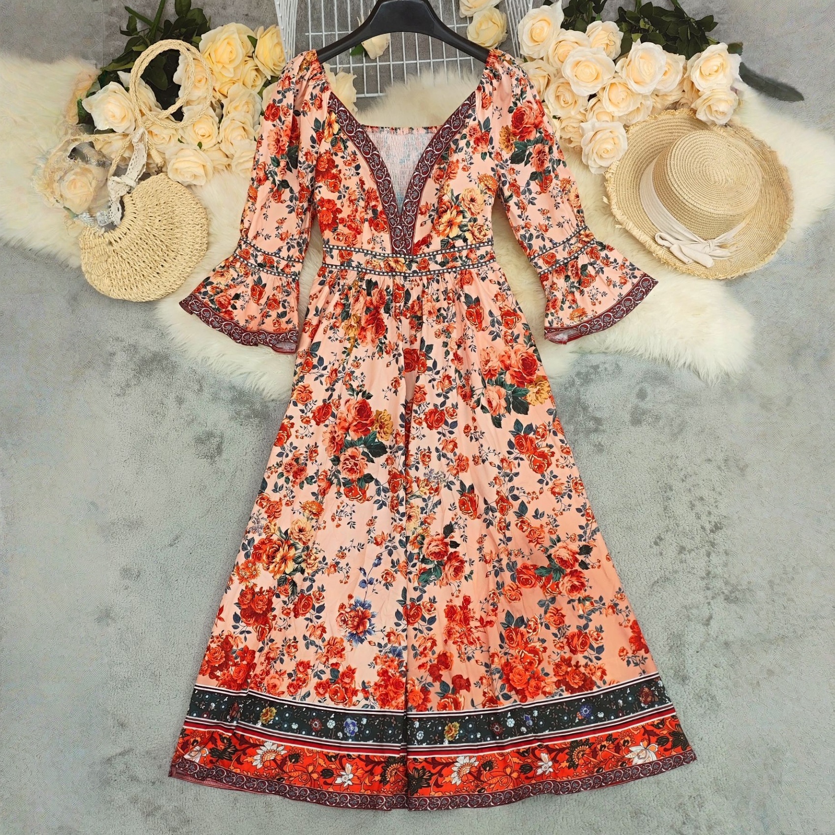 Bohemian Floral Maxi Dress V-Neck Empire Waist Dress Floor Length Party Dress